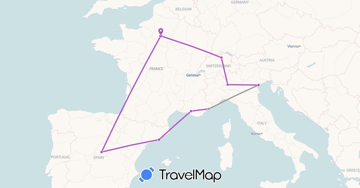 TravelMap itinerary: driving, plane, train in Switzerland, Spain, France, Italy (Europe)